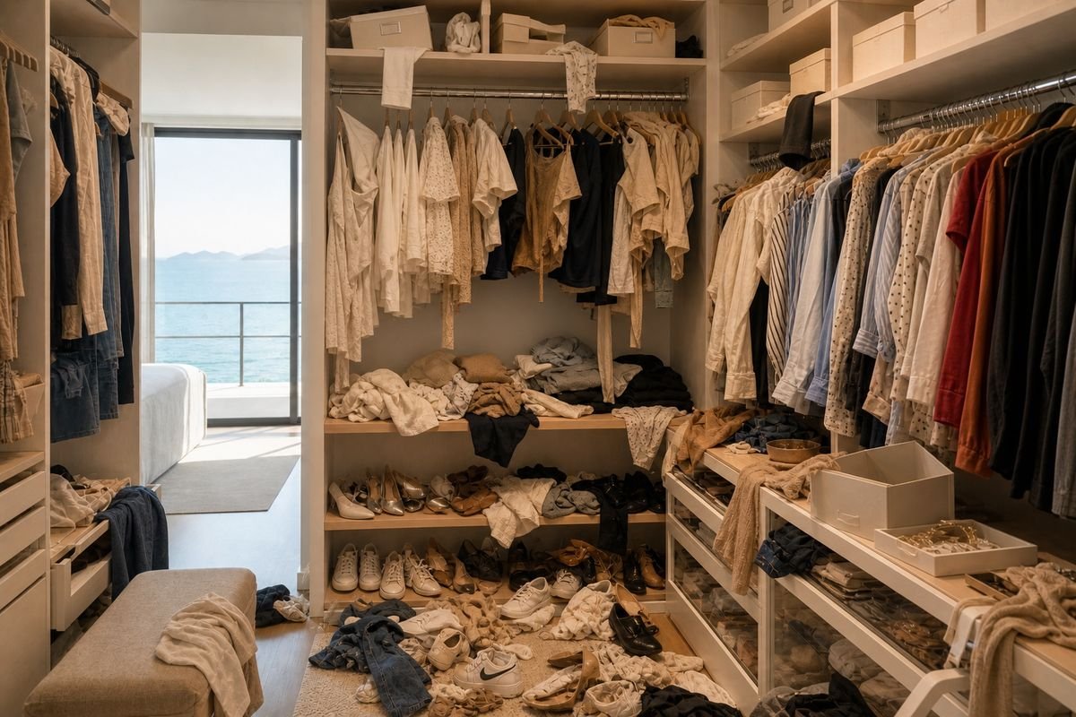 Closet desorganizado, com roupas e sapatos espalhados