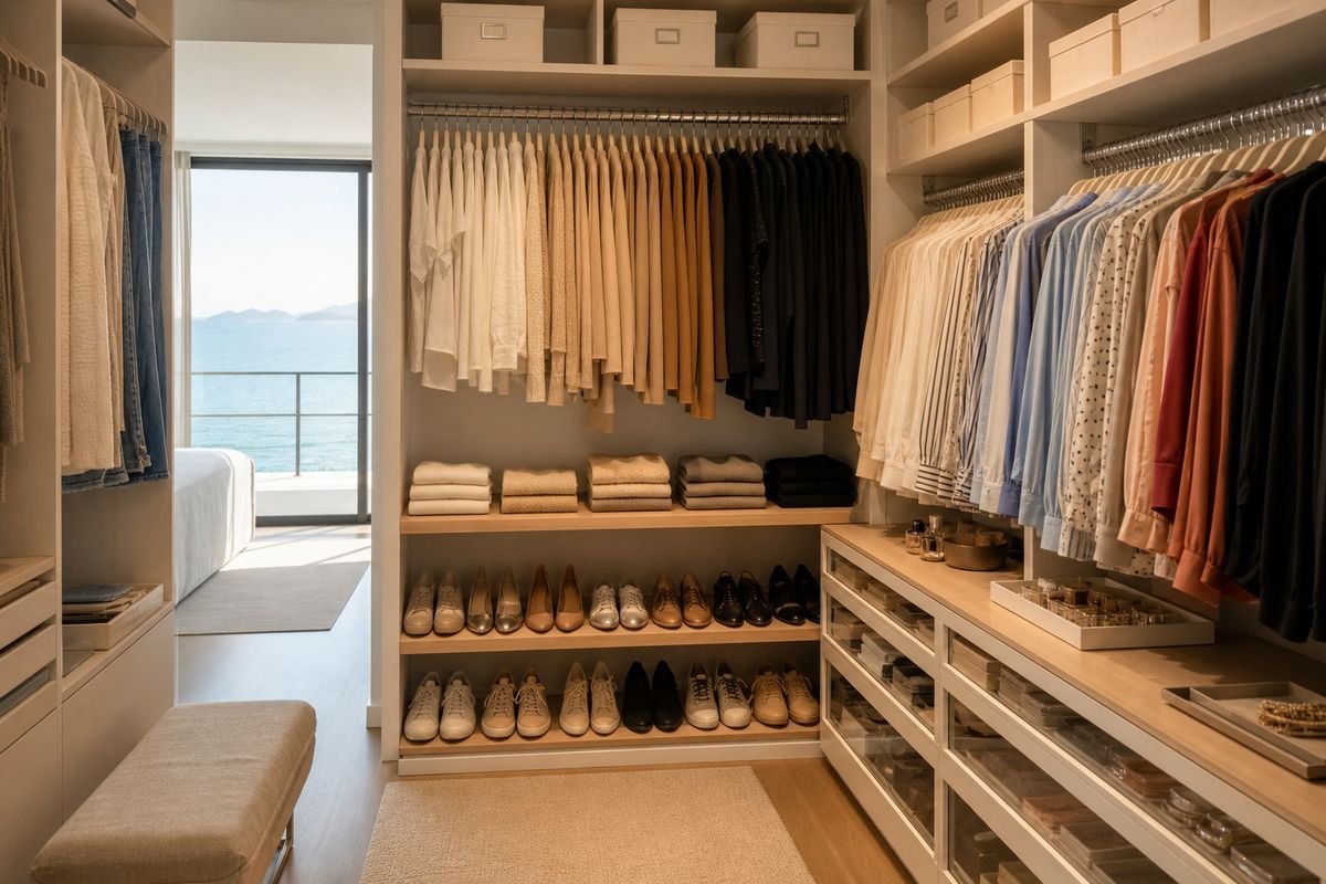 Mesmo closet organizado por categoria e cor