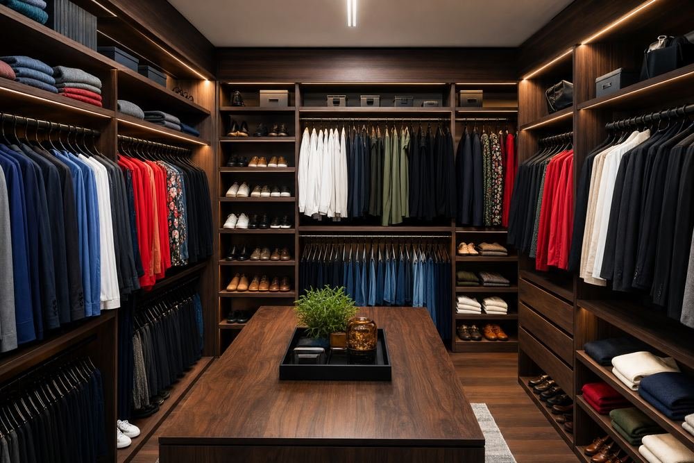Guarda-roupa com camisas organizadas por cor