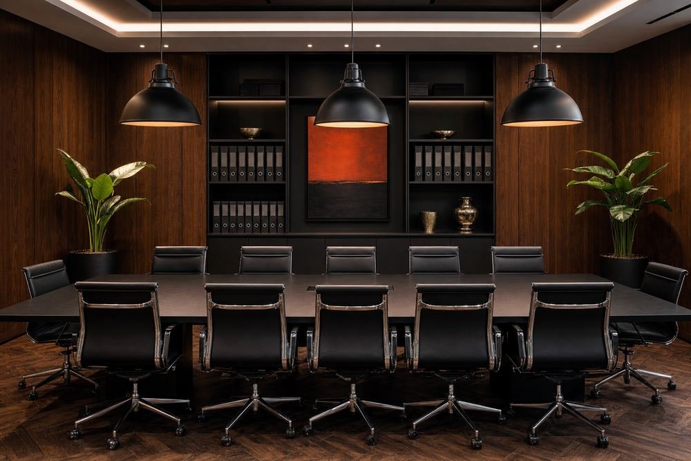 Sala de diretoria organizada, com mesa de reunião preta e estantes