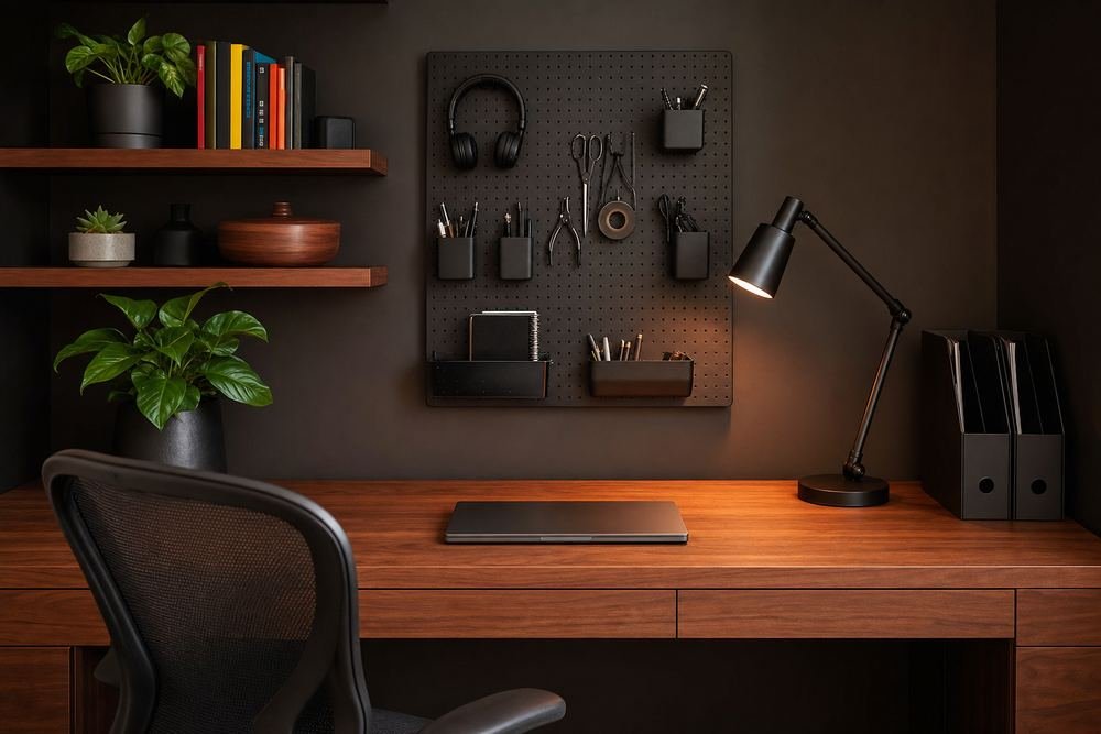 Home office organizado com mesa de madeira