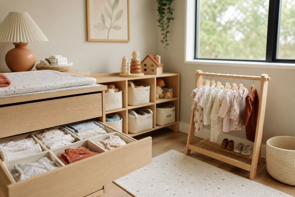 Quarto infantil com roupinhas e brinquedos organizados
