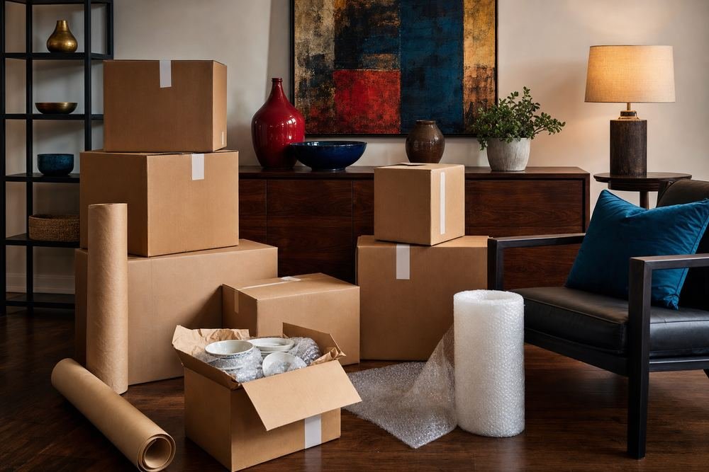 Caixas de mudança organizadas em um apartamento novo